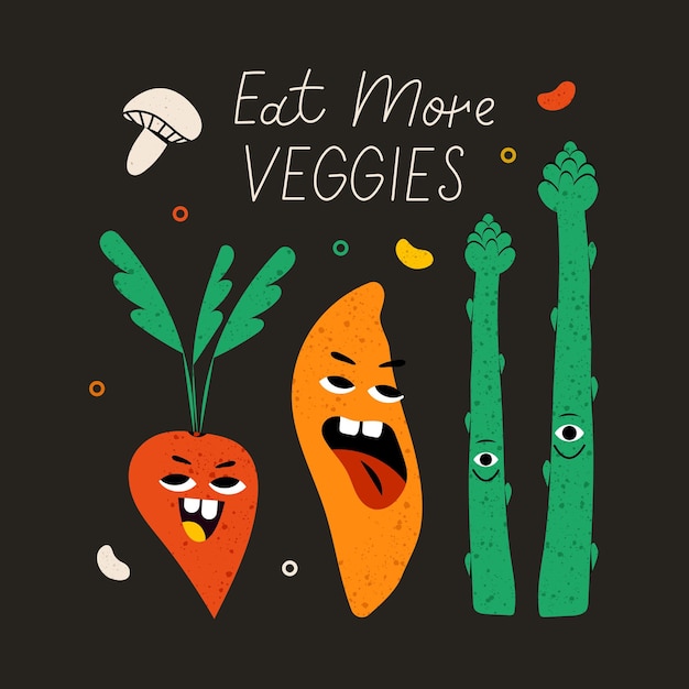 Vector cartel vegetariano con eslogan caracter vegetal lindo con cara graciosa de kawaii estilo dibujado a mano