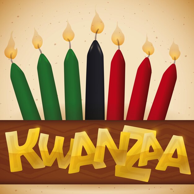 Cartel con velas tradicionales en un signo tribal con letras doradas para la celebración de Kwanzaa