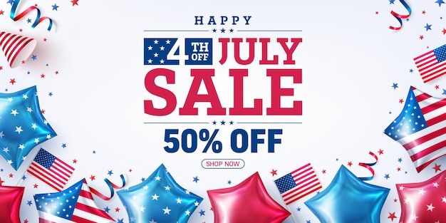 Cartel de venta del 4 de julio Celebración del día de la independencia de EE. UU. Con la bandera de muchos globos estadounidenses Plantilla de banner publicitario de promoción del 4 de julio para folletos