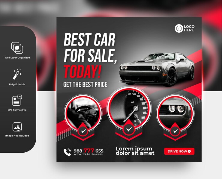 Vector cartel de venta de autos o diseño de plantilla de redes sociales de promoción de volante