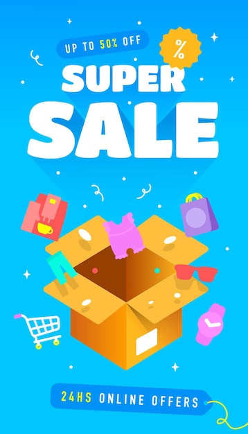 un cartel para la venta con cajas de regalos y un carrito de compras