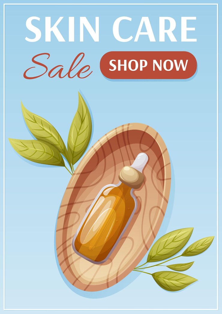Vector cartel de venta de cuidado de la piel suero de aceite en un tazón de madera rodeado de hojas verdes salud y belleza