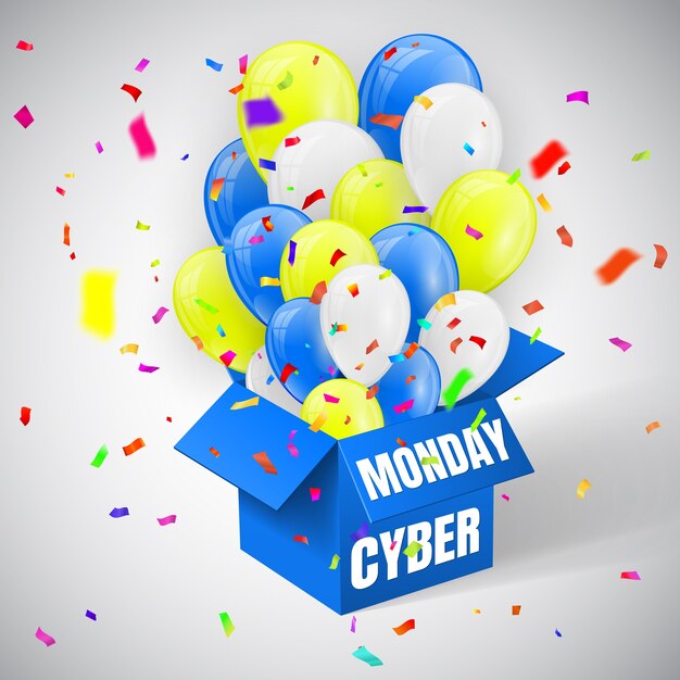 Cartel de venta de Cyber Monday con confeti, azul, amarillo y blanco Manojo de globos brillantes volando de caja azul abierta.