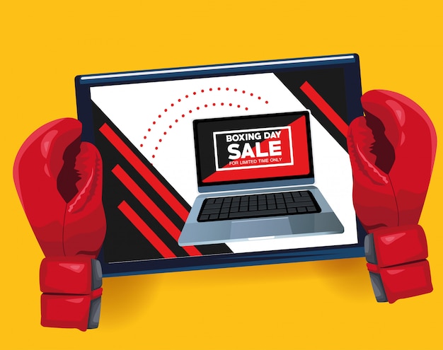 Cartel de venta del día del boxeo con laptop y guantes, diseño de ilustraciones vectoriales