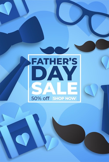 Vector cartel de venta del día del padre con flatlay de gafas, corbata y regalos.
