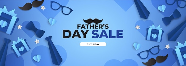 Cartel de venta del día del padre con flatlay de gafas, corbata y regalos.