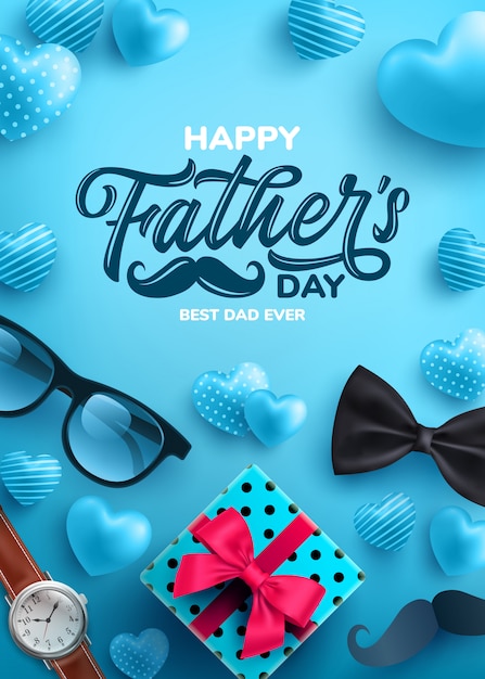 Vector cartel de venta del día del padre con flatlay de gafas, corbata, reloj y regalos para papá