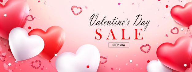 Cartel de venta del día de san valentín, composición con globos en forma de corazón rojo con brillo