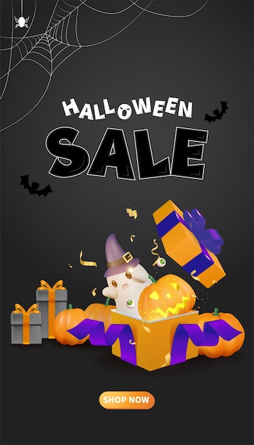 Cartel de venta directa de halloween con fantasma en caja y jackolantern