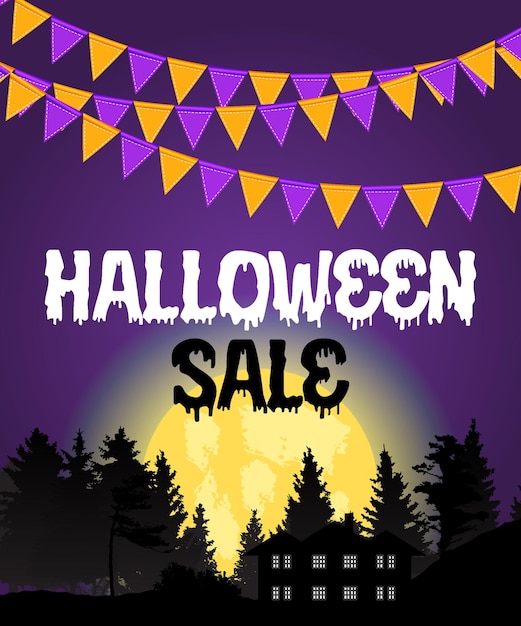 Cartel de venta de halloween con banderas y guirnaldas sobre fondo morado. ilustración vectorial eps10