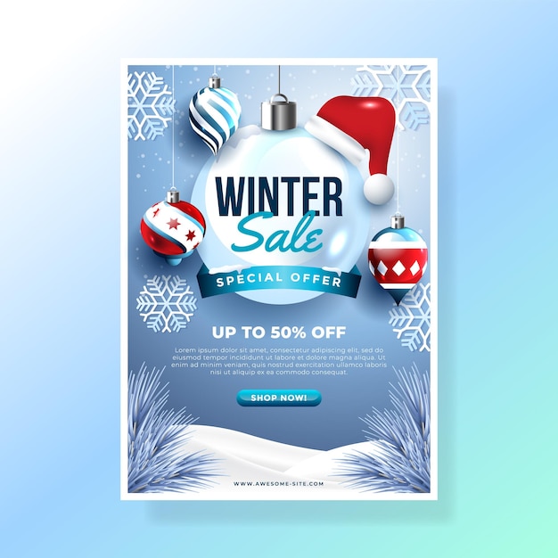 un cartel para la venta de invierno con un árbol de Navidad y copos de nieve