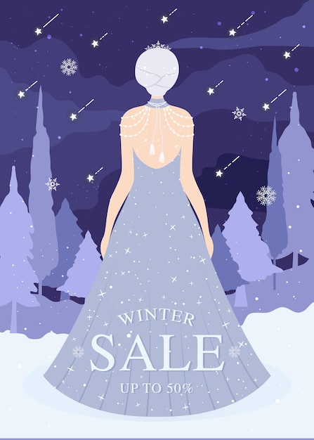 Cartel de venta de invierno con hermosa princesa de nieve.