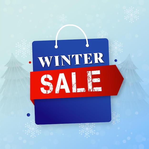 Cartel de venta de invierno o diseño de plantilla con bolsa de compras copos de nieve y árboles de Navidad sobre fondo azul Bokeh Blur