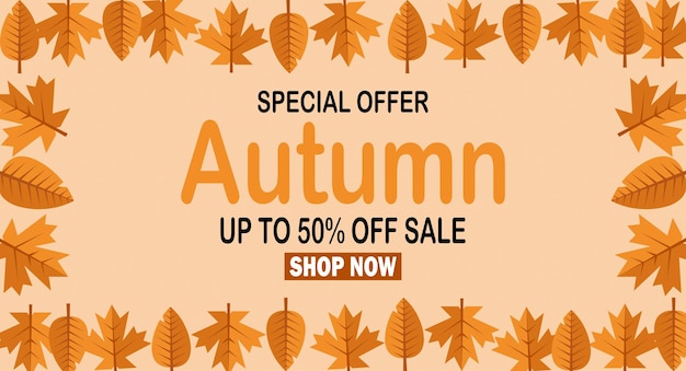 Cartel de venta de otoño o diseño de volante Ilustración vectorial con hermoso marco de hojas y texto Hasta 50 plantillas de descuento para publicidad web social y anuncios de moda
