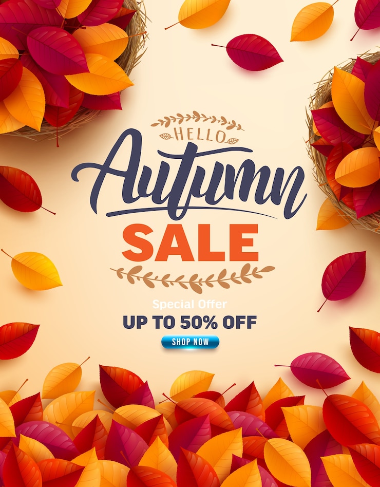 Vector cartel de venta de otoño y plantilla de banner.vista superior de la cesta con hojas de colores otoñales sobre fondo amarillo.saludos y regalos para la temporada de otoño.plantilla de promoción para el otoño o el concepto de otoño