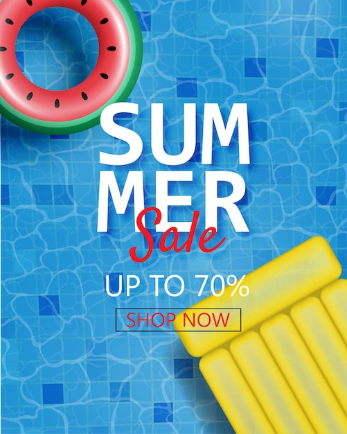 Cartel de venta de verano con anillo de natación realista y colchón inflable. Promoción de compras para la temporada de verano.