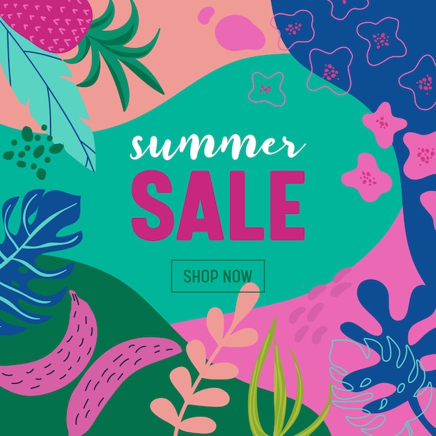Cartel de venta de verano con hojas y flores tropicales, banner publicitario y fondo tropical en estilo plano moderno, oferta especial de primavera flash, anuncio de vacaciones de cartel, folleto. Ilustración vectorial