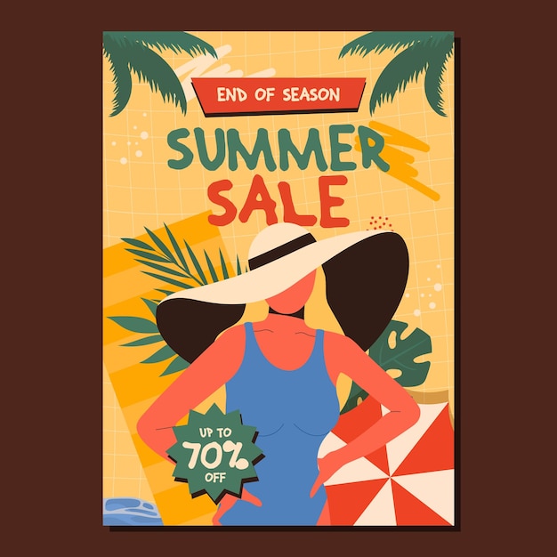 un cartel para la venta de verano muestra a una mujer con un sombrero de paja y un sombrerito de paja