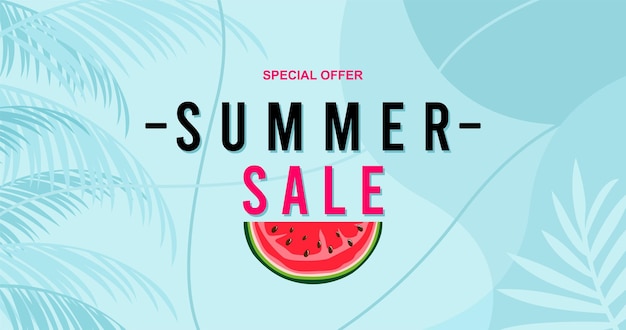 un cartel para la venta de verano con palmeras en la parte superior