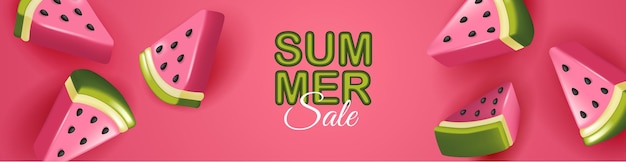 Cartel de venta de verano con rodajas de sandía sobre fondo rosa Fondo de sandía de verano