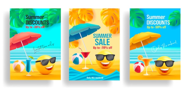 Cartel de venta de verano con sonrisa 3d en gafas de sol bajo sombrilla con hojas tropicales