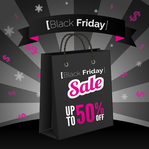 Vector cartel de venta de viernes negro con bolsa de compras y cinta.