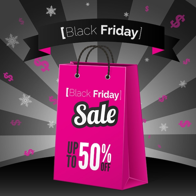 Cartel de venta de viernes negro con bolsa de compras y cinta.