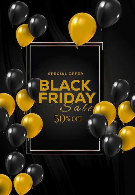un cartel de venta de viernes negro con globos amarillos y globos negros