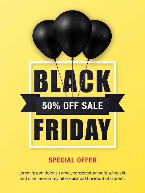 Cartel de venta de viernes negro con globos negros brillantes