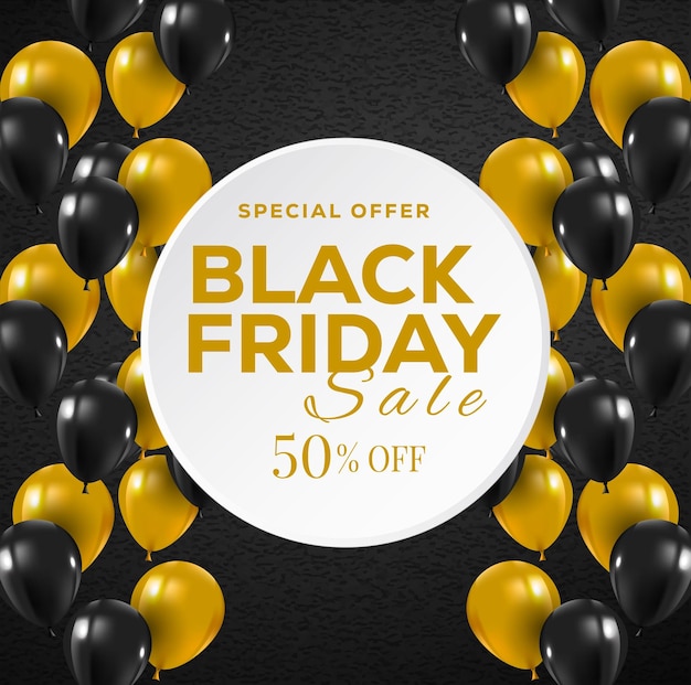 un cartel de venta de viernes negro con globos negros y un círculo blanco con letras doradas