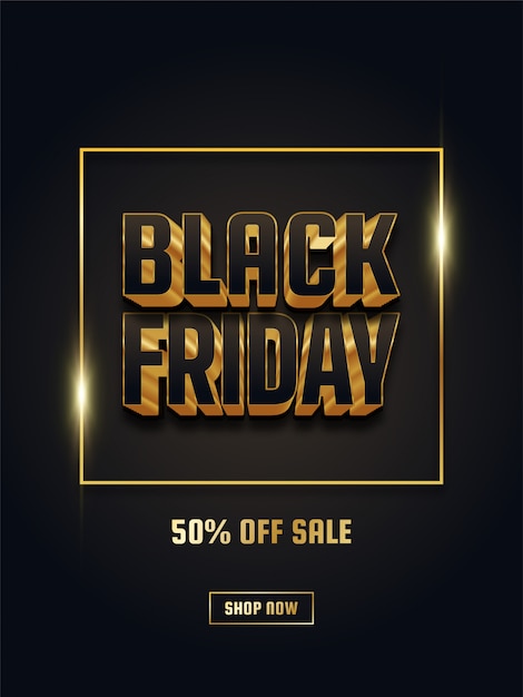 Cartel de venta de viernes negro con texto 3d negro y dorado