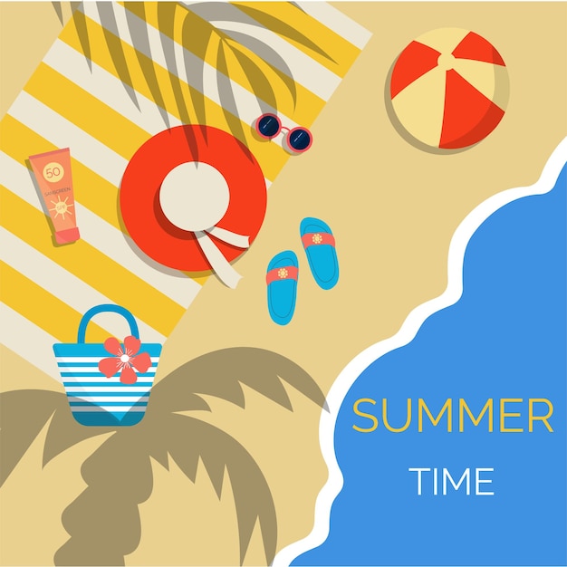 Cartel de verano brillante con accesorios de playa relajarse.