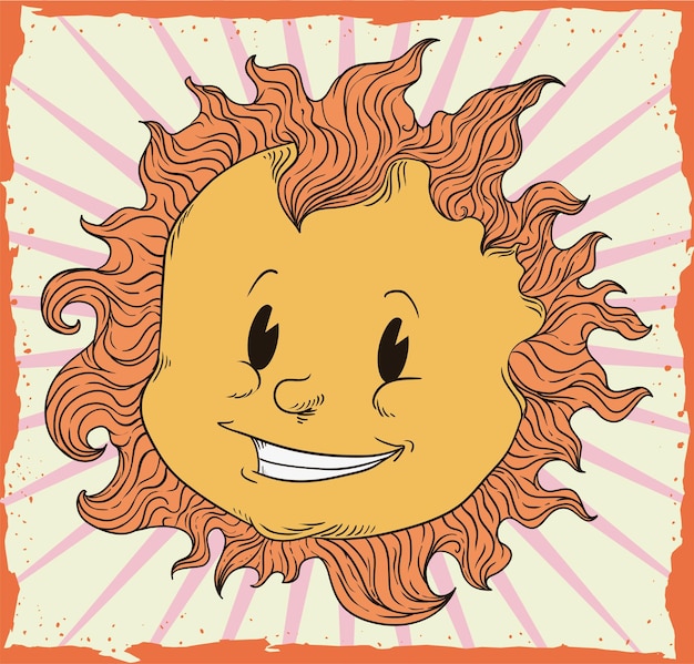 Cartel de verano con carácter de sol retro en estilo dibujado a mano