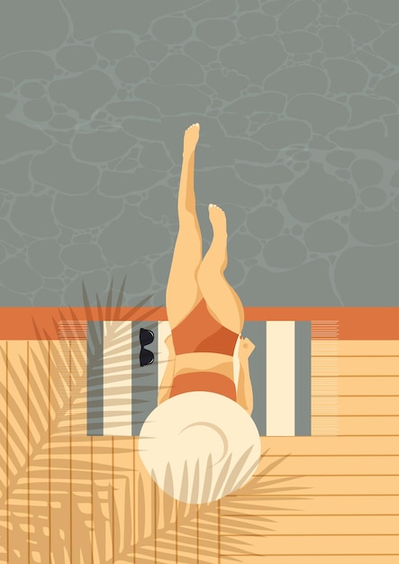 Vector cartel de verano con una chica con sombrero de playa relajándose junto a la piscina diseño plano en estilo retro vectorial