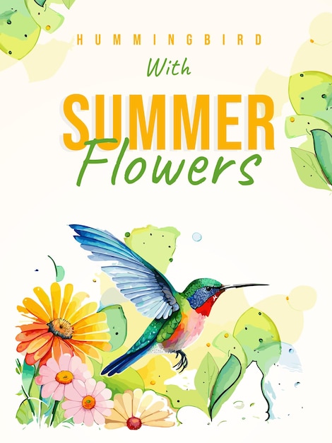 Vector un cartel para el verano con un colibrí y flores.