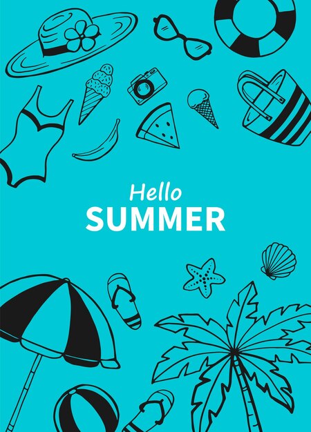 Cartel de verano dibujado a mano Plantilla de diseño de mar y océano Plantillas de tarjeta de vector