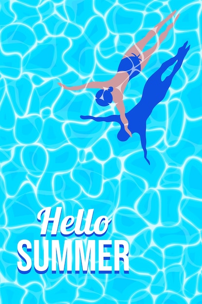 Cartel de verano e ilustración de papel tapiz de una persona nadando en una piscina en el día soleado