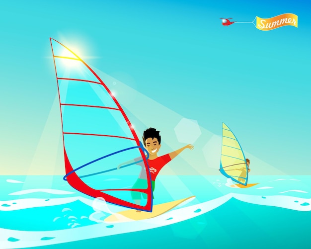 Vector cartel de verano estilizado de dibujos animados joven windsurfista helicóptero con pancarta de verano