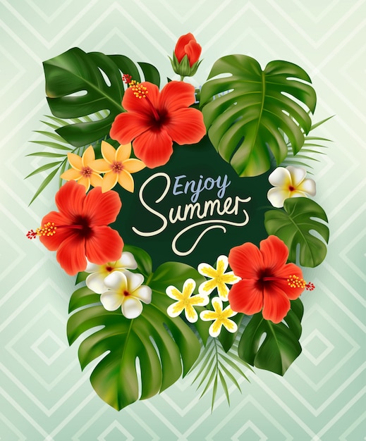 Vector cartel de verano con hojas de palmeras tropicales y flores con letras de escritura a mano. fondo tropical de verano. ilustración