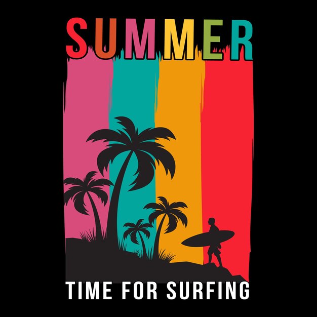 Vector un cartel de verano para surfear con palmeras y un hombre en la playa.