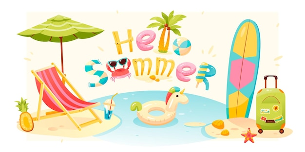 Cartel de verano texto hola verano un conjunto de elementos de playa ilustración vectorial