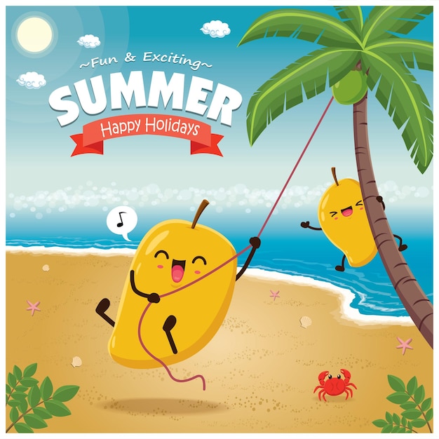 Cartel de verano vintage con palmera de personaje de mango