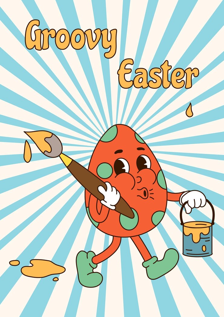 Vector cartel vertical con huevo de pascua de personaje de dibujos animados maravilloso y cita groovy easter