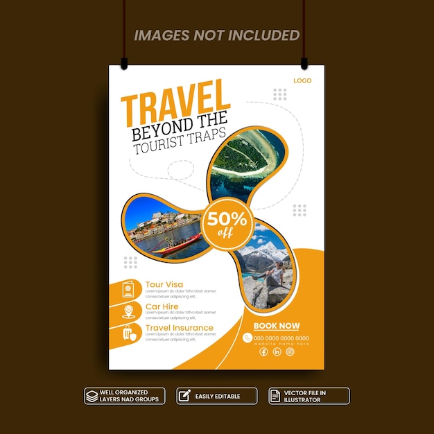 un cartel para viajar por sí mismo con una imagen de una cordillera en la parte inferior