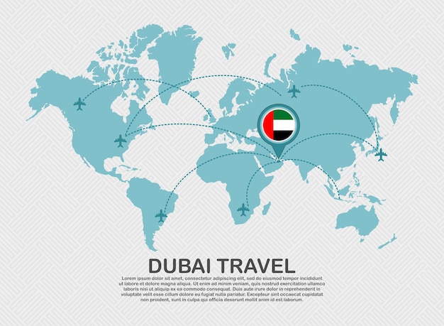 Cartel de viaje a Dubái con mapa mundial y ruta de avión volador destino turístico de fondo comercial