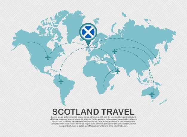 Cartel de viaje a Escocia con mapa del mundo y destino de turismo de fondo de negocios de ruta de avión volador