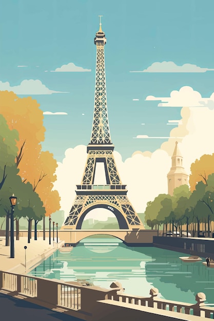 Vector un cartel de viaje de estilo retro vintage para parís, francia, con la famosa torre eiffel y el río sena.