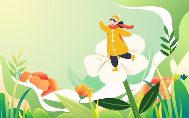 Cartel de viaje de excursión de paisaje de planta de flores de primavera de ilustración de término solar de Jingzhe
