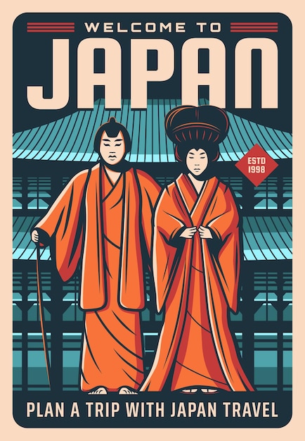 Cartel de viaje de Japón, monumentos japoneses, cultura y tradición.