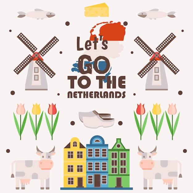 Cartel de viaje de Países Bajos, ilustración. Símbolos de las principales atracciones turísticas holandesas, iconos simples en estilo plano. Molinos de viento tradicionales, tulipanes, casas antiguas y vacas.
